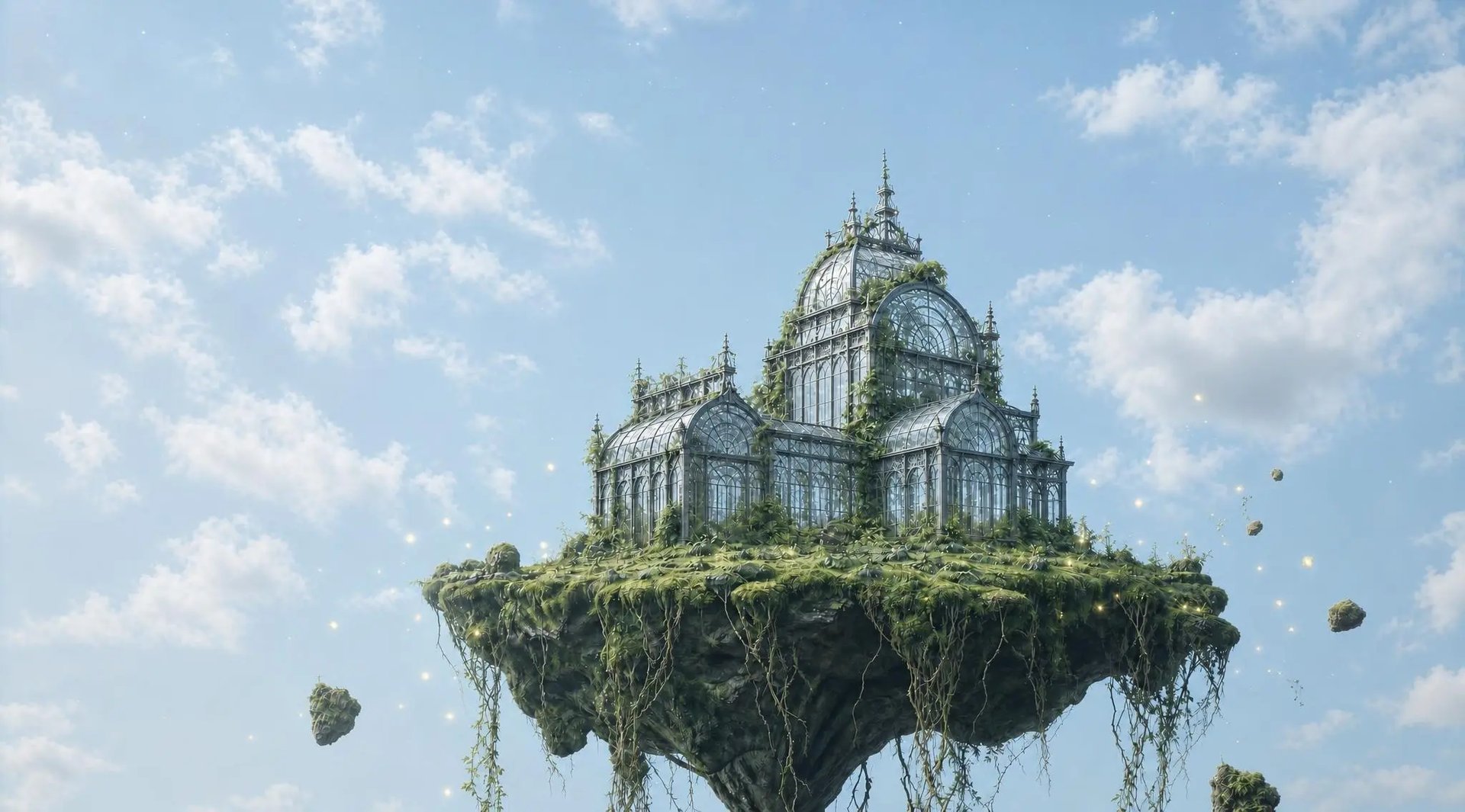 A Victorian glasshouse on a floating island of moss, daytime